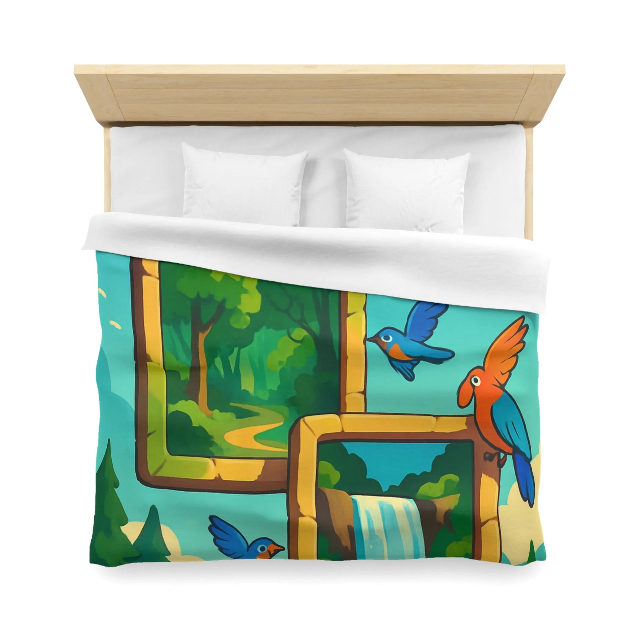 Housse de couette colorée avec oiseaux et scènes de nature paisible et dynamique