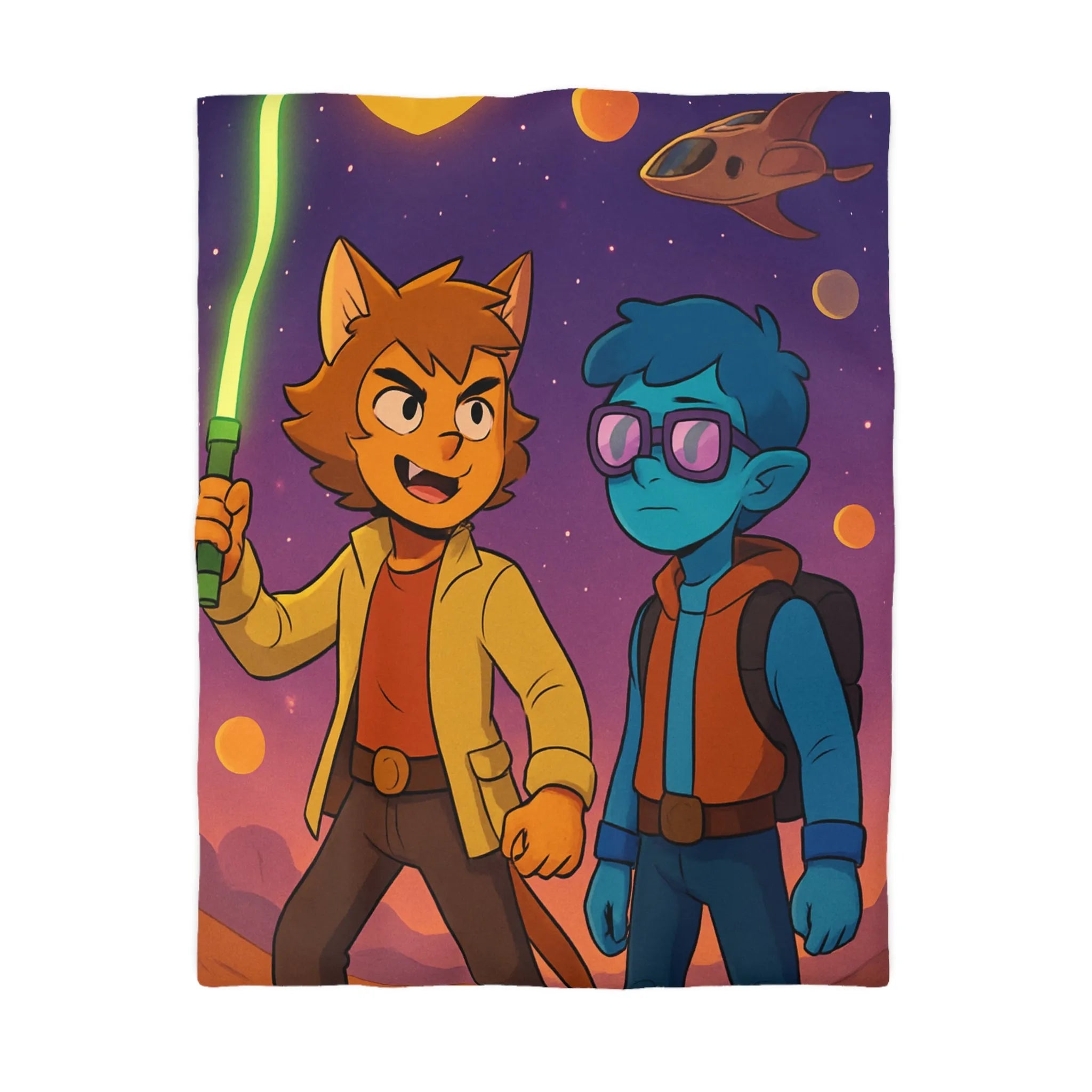 Housse de couette avec deux personnages dans l'espace, ambiance rétro futuriste colorée
