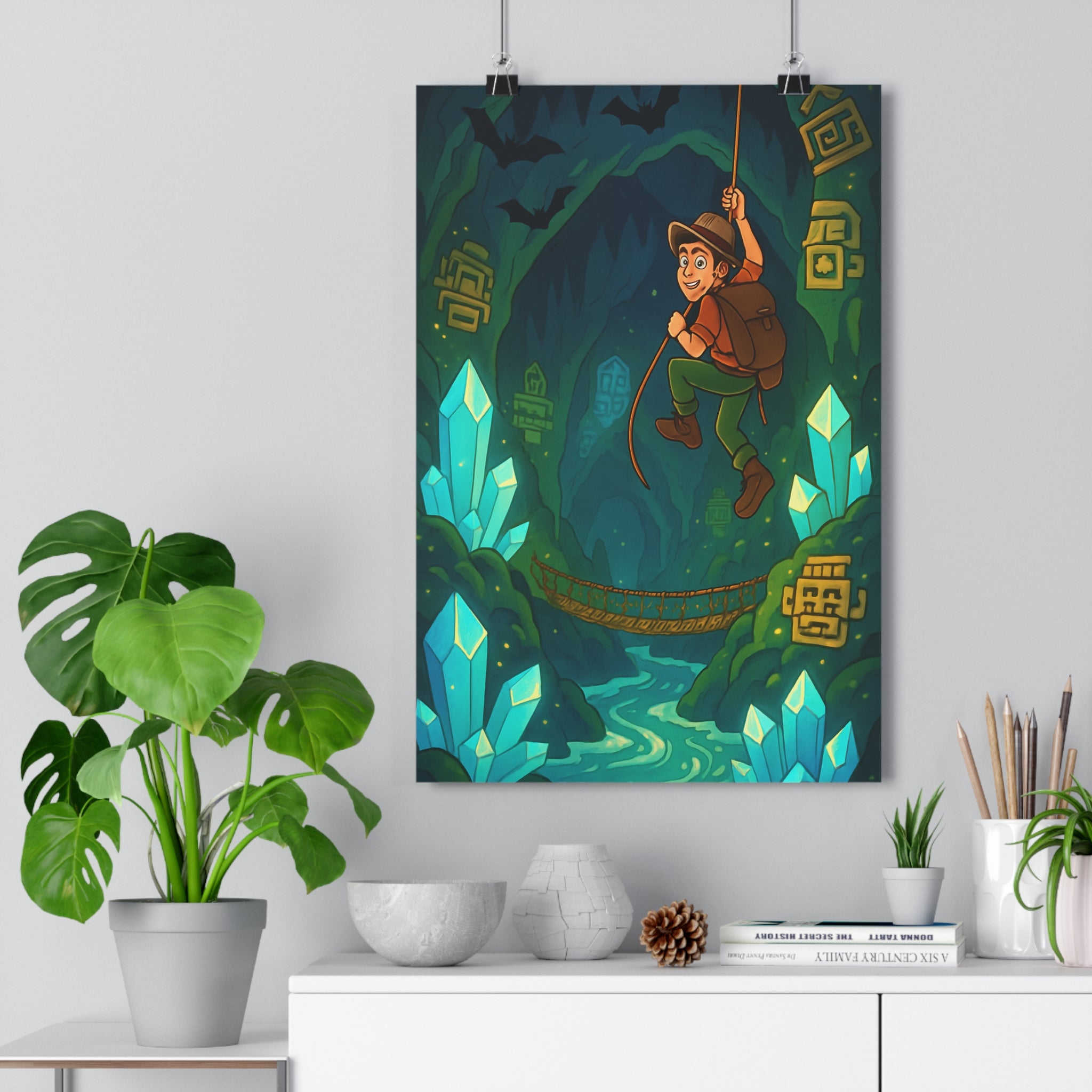 Poster décoratif aventure mystérieuse bleu vert explorateur caverne enfant chambre moderne captivant ambiance qualité