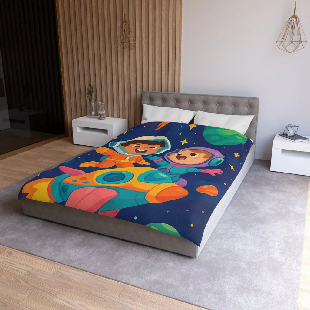 Couette Enfantine Cosmos : Enfants en Vaisseau Spatial avec Planètes et Étoiles Colorées