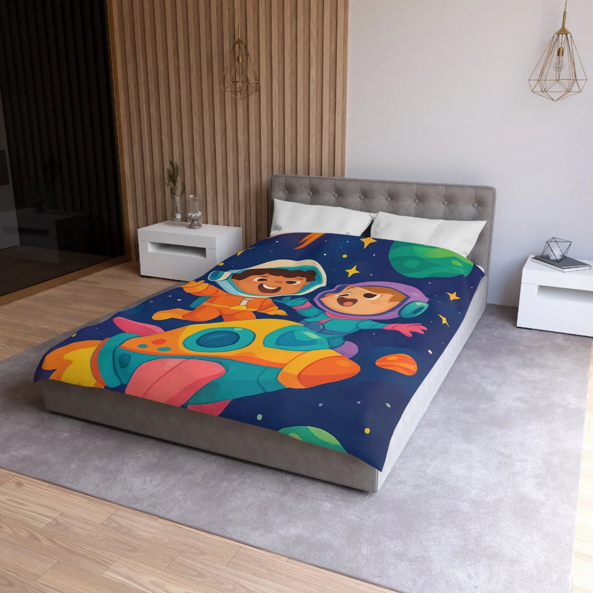 Couette Enfantine Cosmos : Enfants en Vaisseau Spatial avec Planètes et Étoiles Colorées