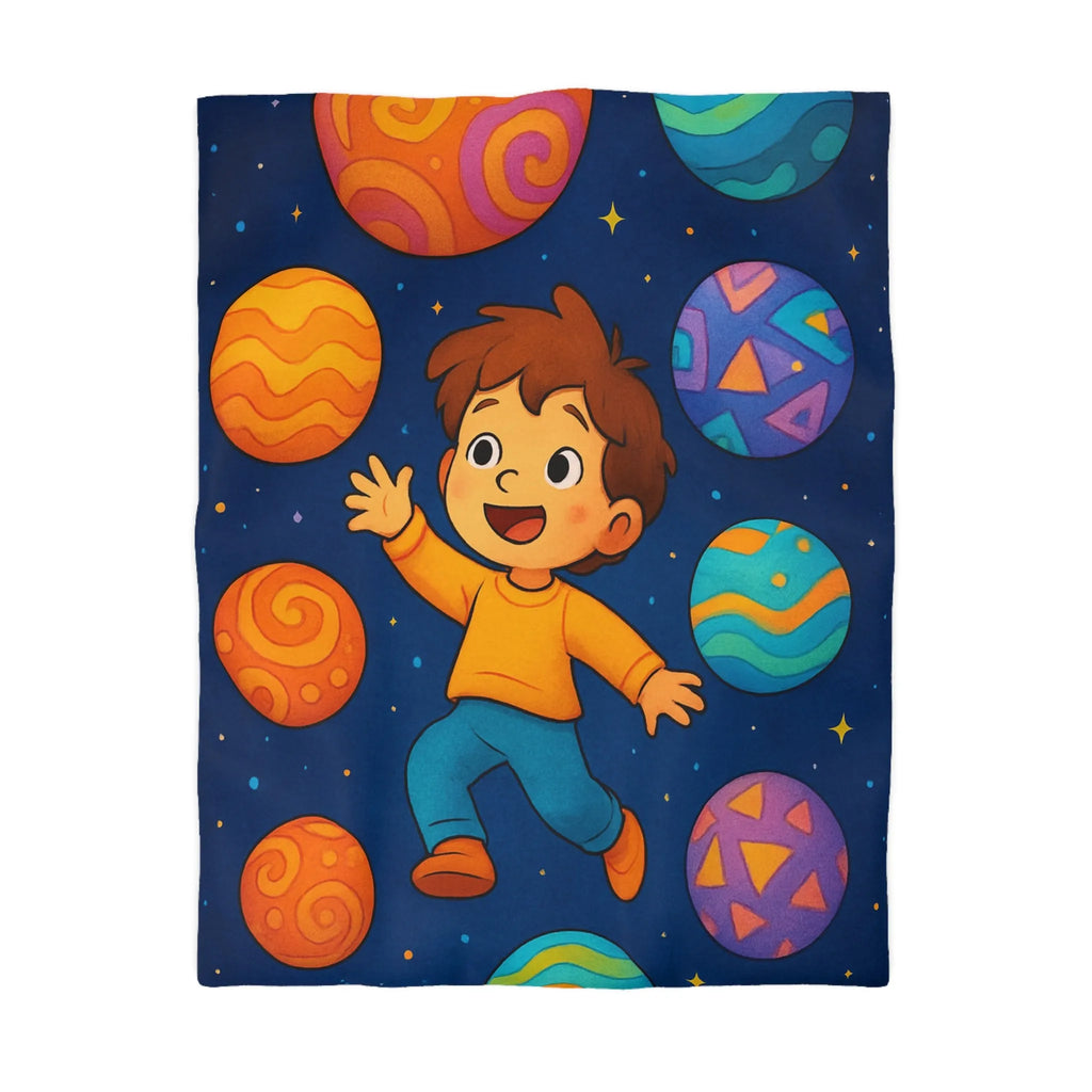 Housse de couette enfant planète colorée avec garçon dans l'espace étoilé vibrant