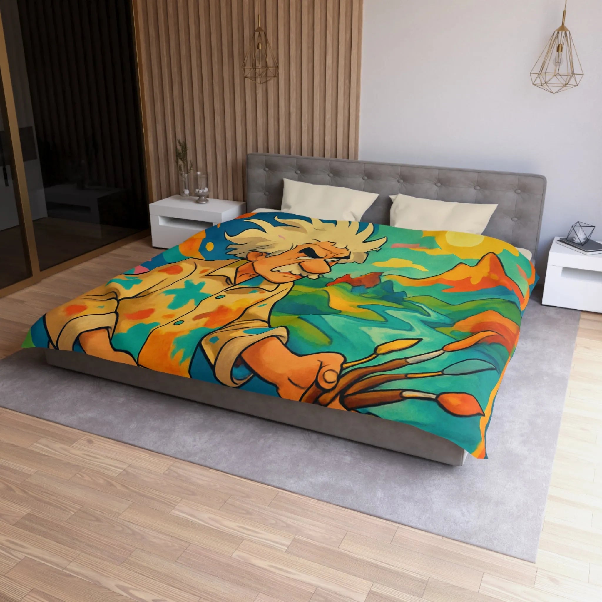 Housse de couette artistique avec peintre et paysage vibrant aux couleurs éclatantes