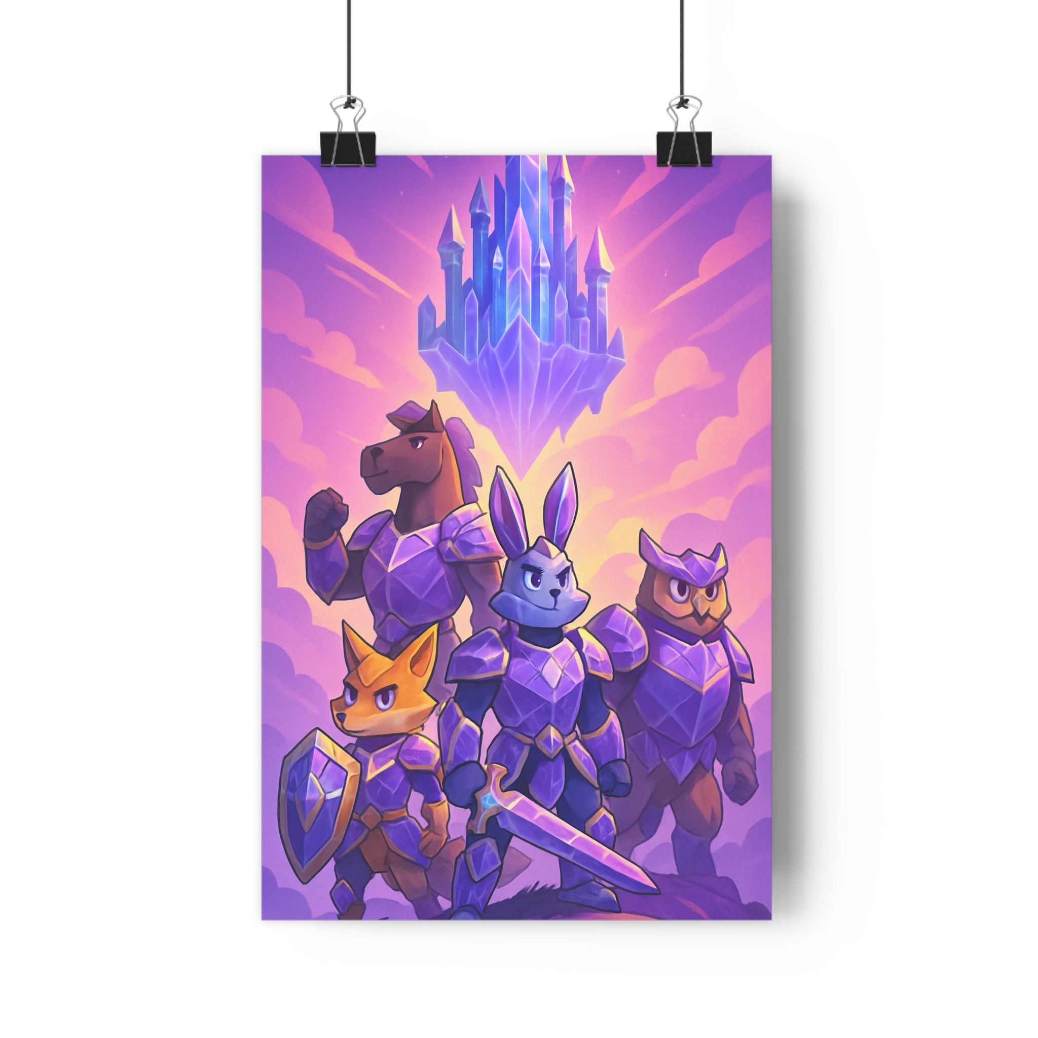 Poster décoratif chevaliers animaux violet rose cartoon fantasy magique enfant chambre aventure unique captivant