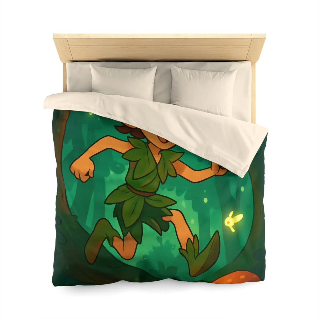 Housse de couette féérique avec elfes sautant parmi champignons lumineux en forêt