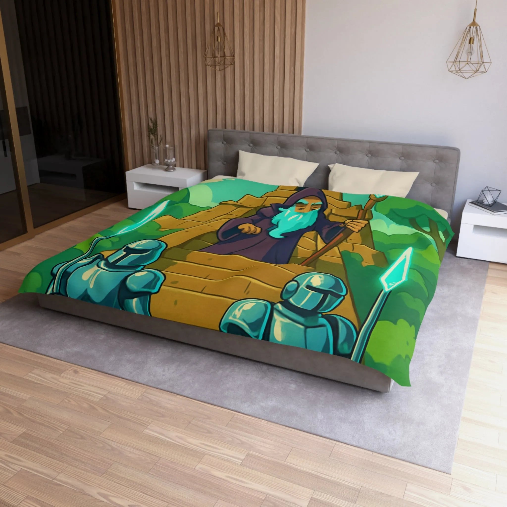 Enchanted Pyramid Landscape with Wizard and Glowing Guardians for Magical Bedding Decor