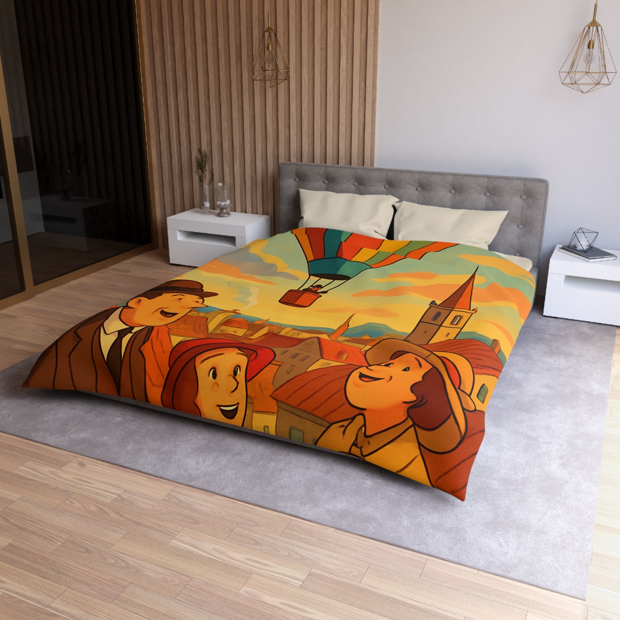 Housse de couette vintage avec montgolfière colorée et paysage urbain animé