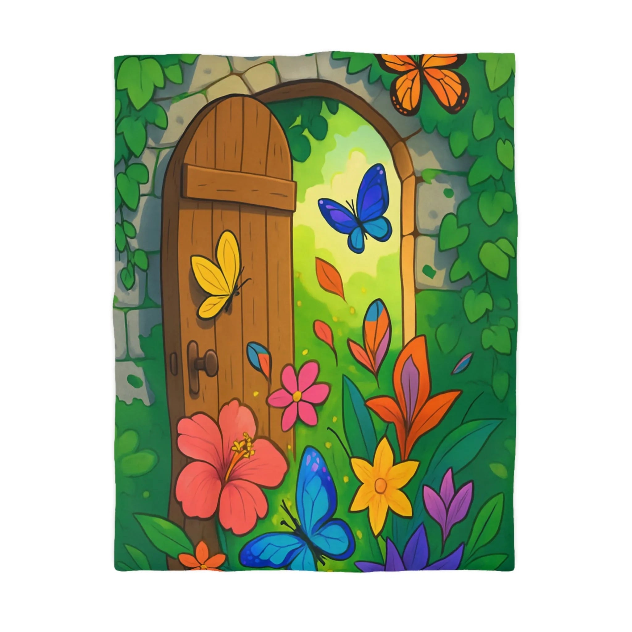 Housse de couette avec papillons colorés et fleurs devant porte de jardin enchanté