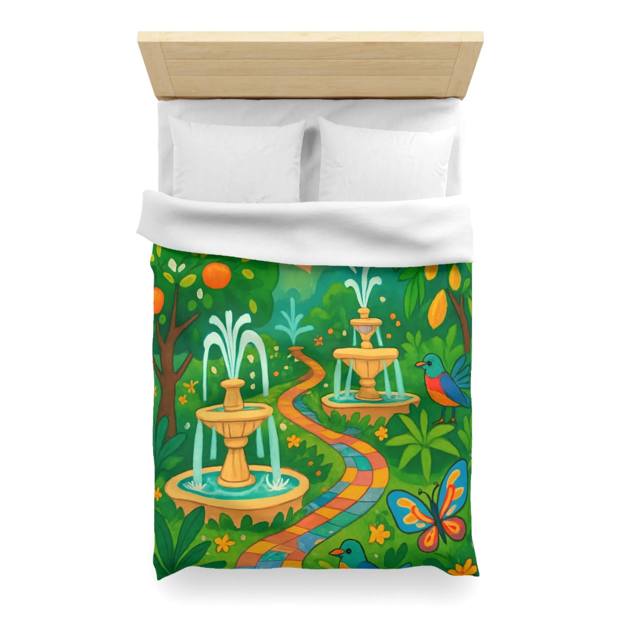 Housse de couette colorée avec oiseaux et fontaines dans jardin tropical vibrant