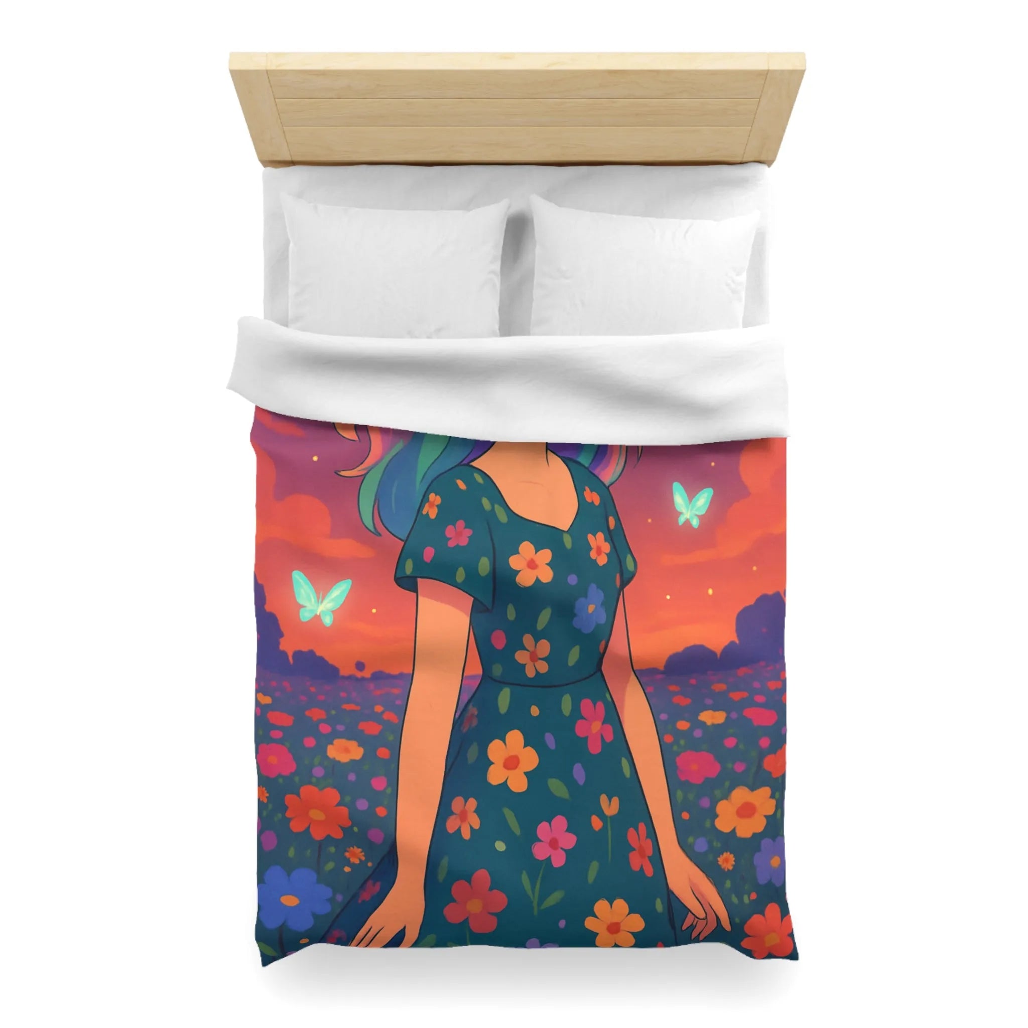 Housse de couette artistique avec fille et papillons dans champ fleuri vibrant