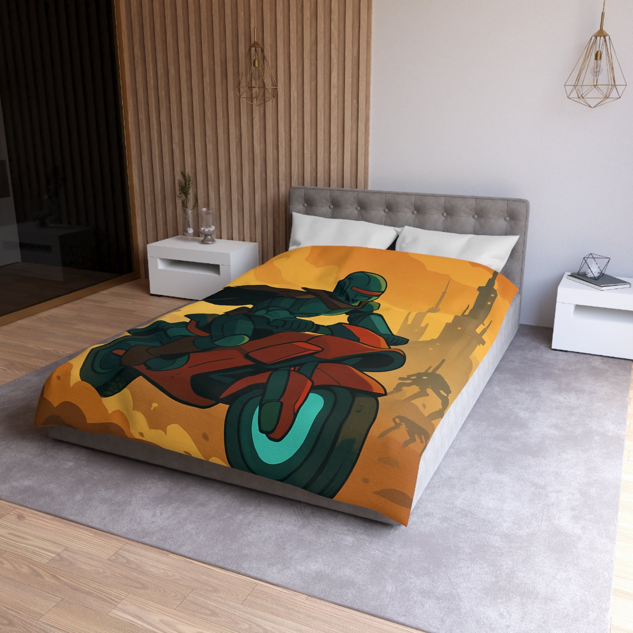 Housse de couette moto futuriste avec pilote en armure et paysage urbain orange