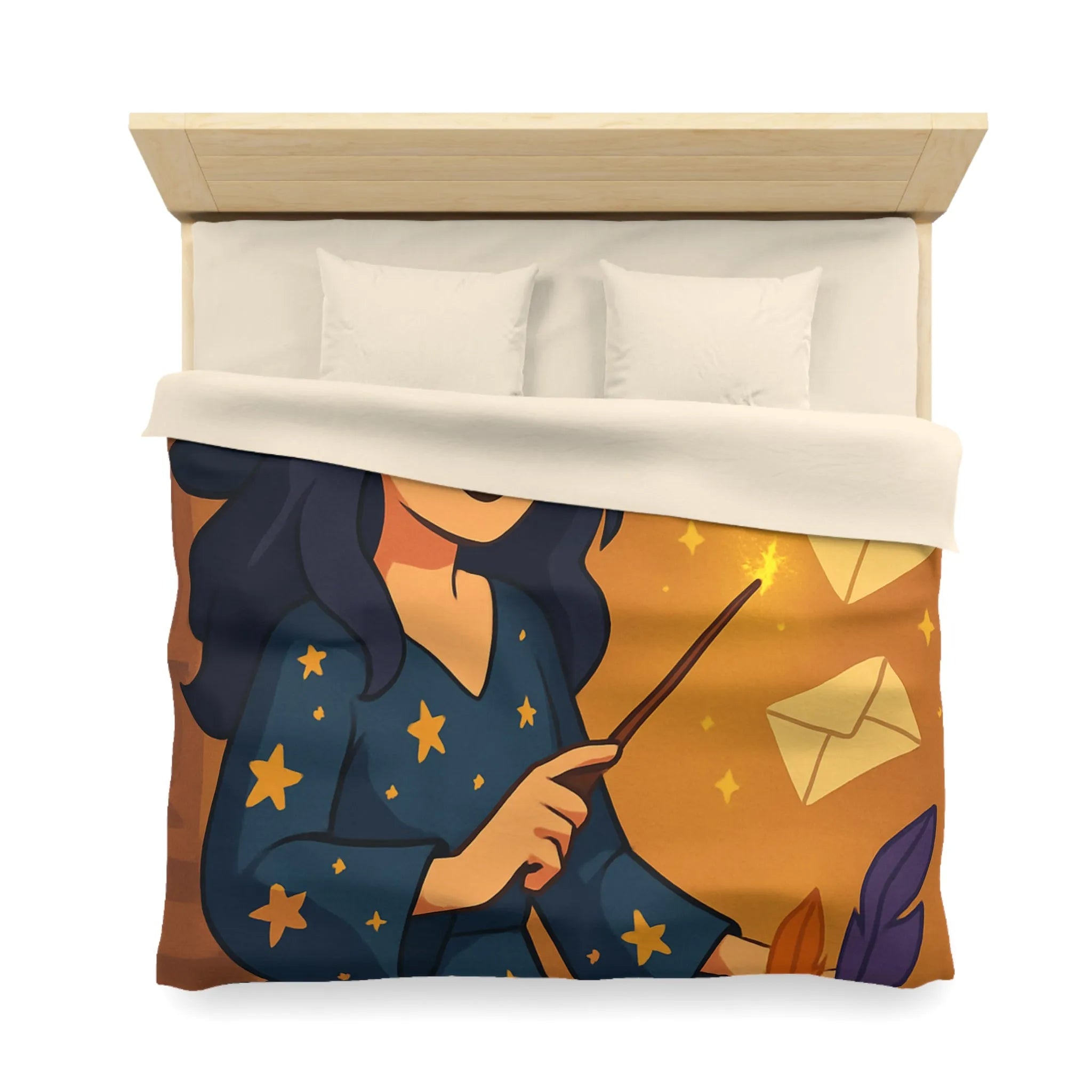 Housse de couette magique avec apprentie sorcière, quill et enveloppes flottantes animées