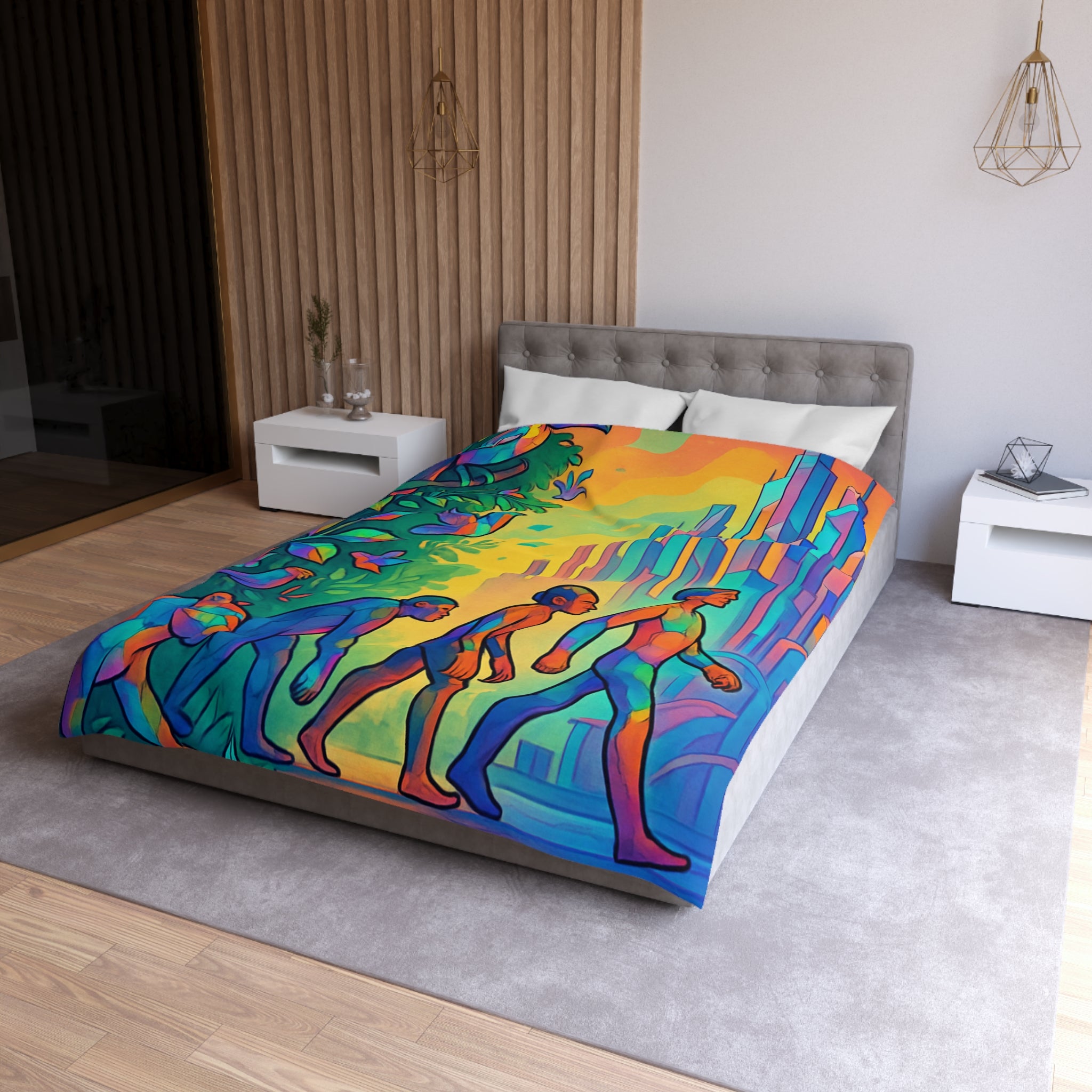 Housse de couette vibrante d'évolution humaine sur fond de jungle et de gratte-ciel