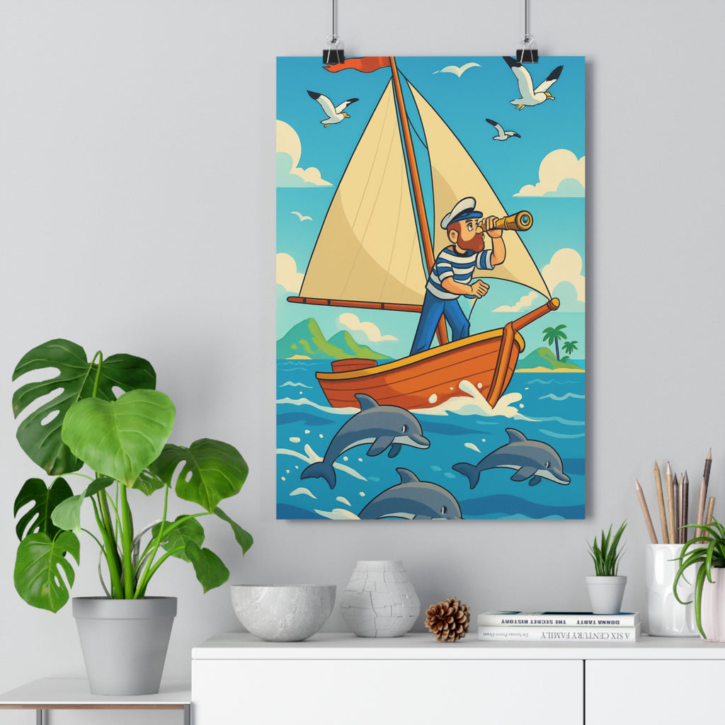 Poster décoratif maritime bleu turquoise voilier marin dauphins salon joyeux estival ciel nuages qualité