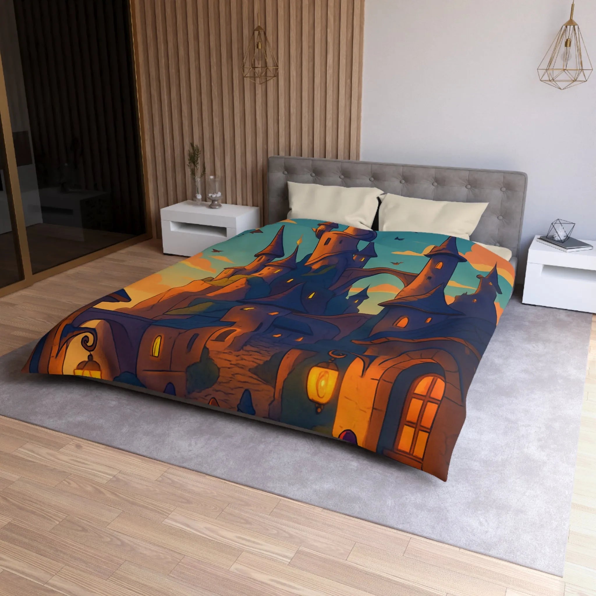 Housse de couette magique avec château féérique et créatures volantes pour rêve enchanté