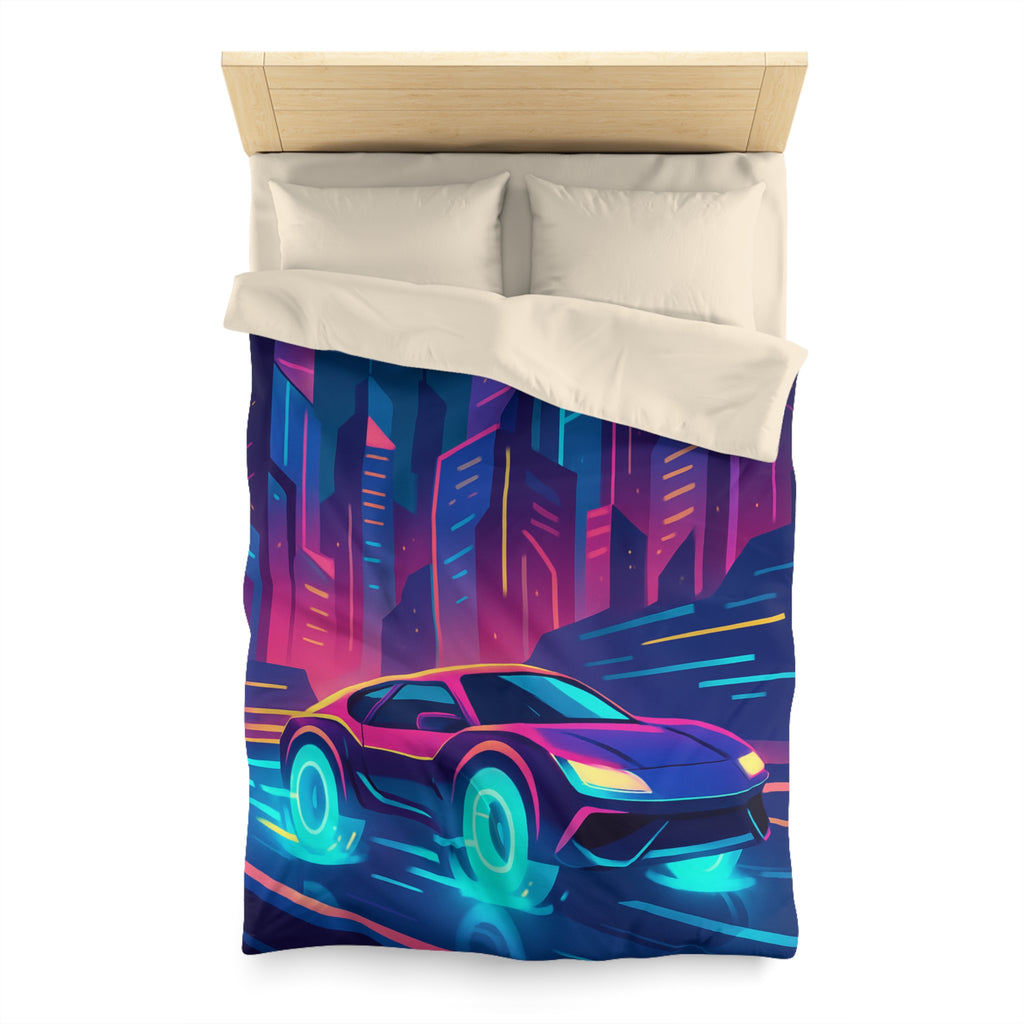 Parure de lit futuriste avec voiture néon sous lune pleine en ville vibrante