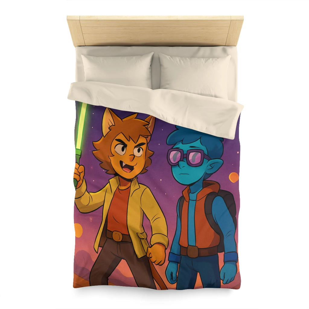 Housse de couette avec deux personnages dans l'espace, ambiance rétro futuriste colorée
