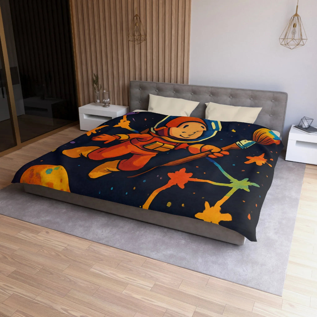 Housse de couette enfant : astronaute, peintre de l'univers, planètes colorées et célestes étoiles