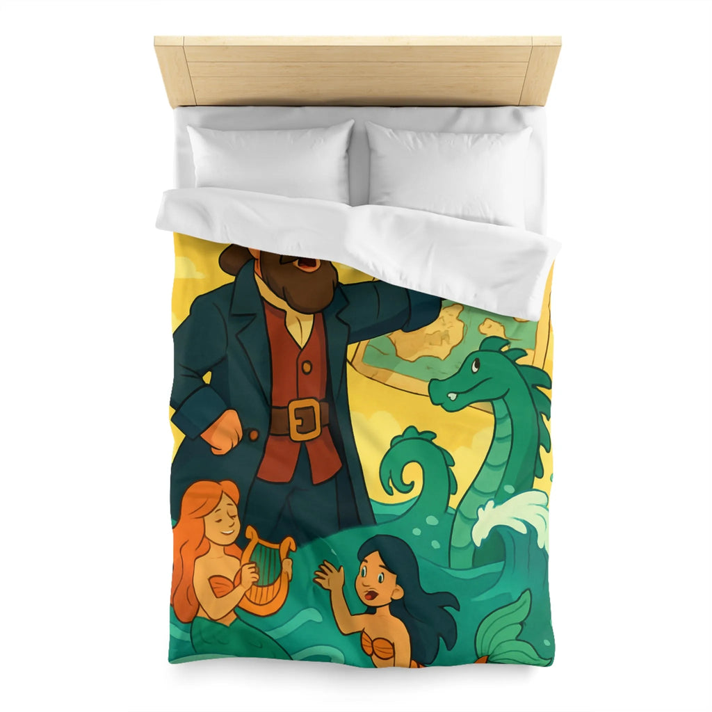 Housse de couette illustrée pirate avec carte, sirènes et monstre marin ludique