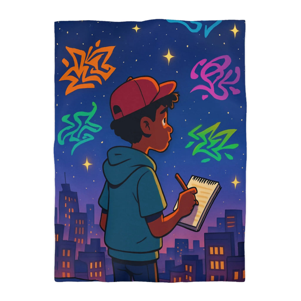 Housse de couette avec jeune artiste dessinant sous un ciel étoilé urbain coloré