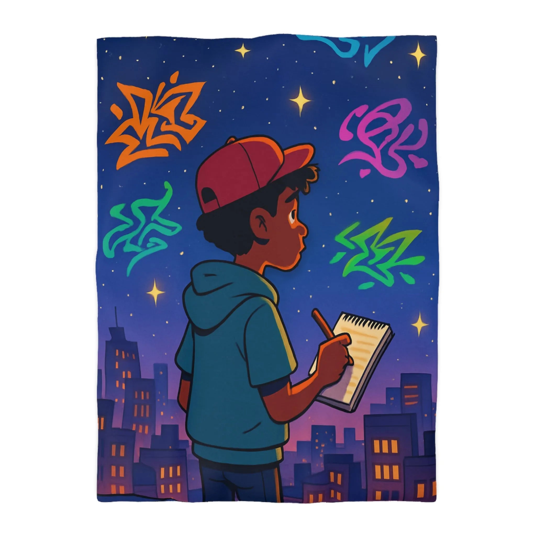 Housse de couette avec jeune artiste dessinant sous un ciel étoilé urbain coloré