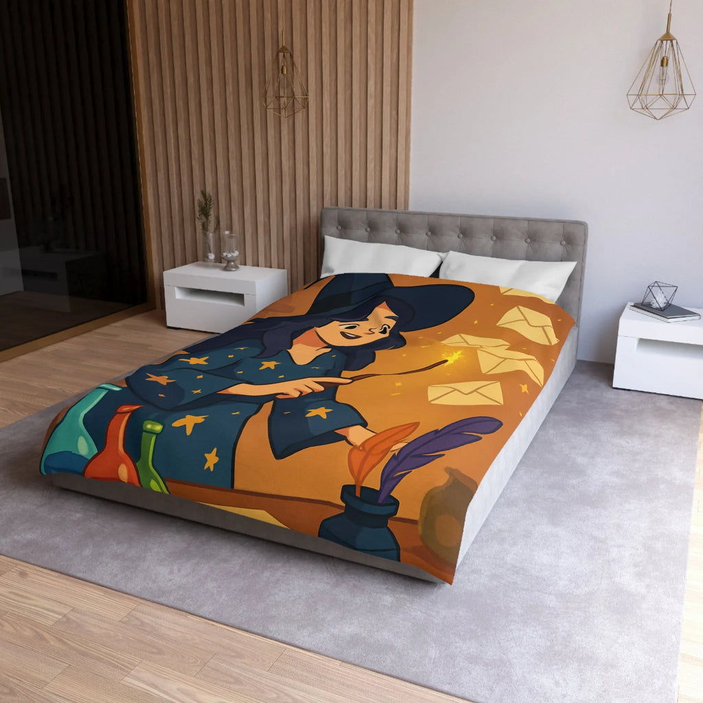 Housse de couette magique avec apprentie sorcière, quill et enveloppes flottantes animées