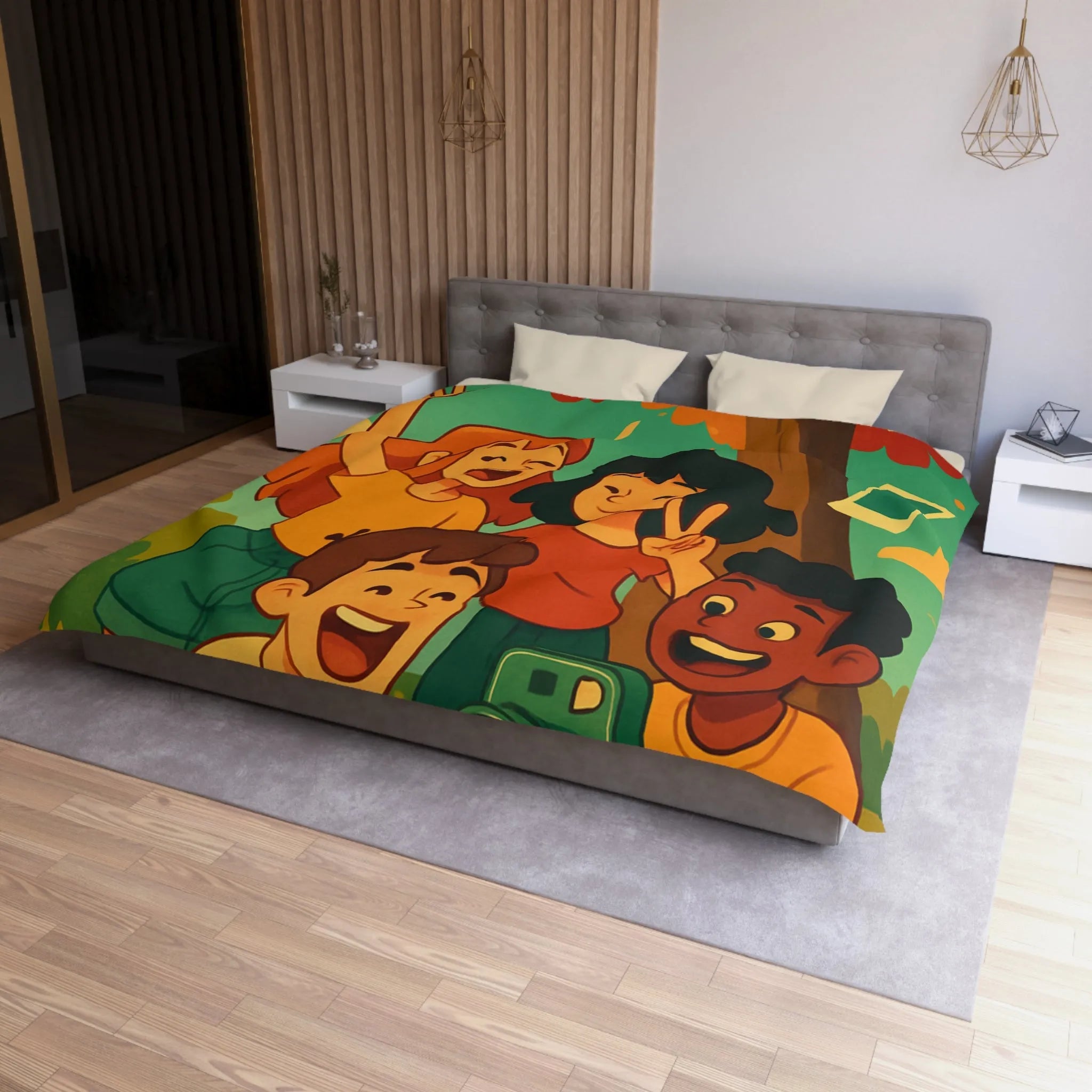 Housse de Couette Enfants Arborant Motif Nature et Joie Automnale Avec Polaroids