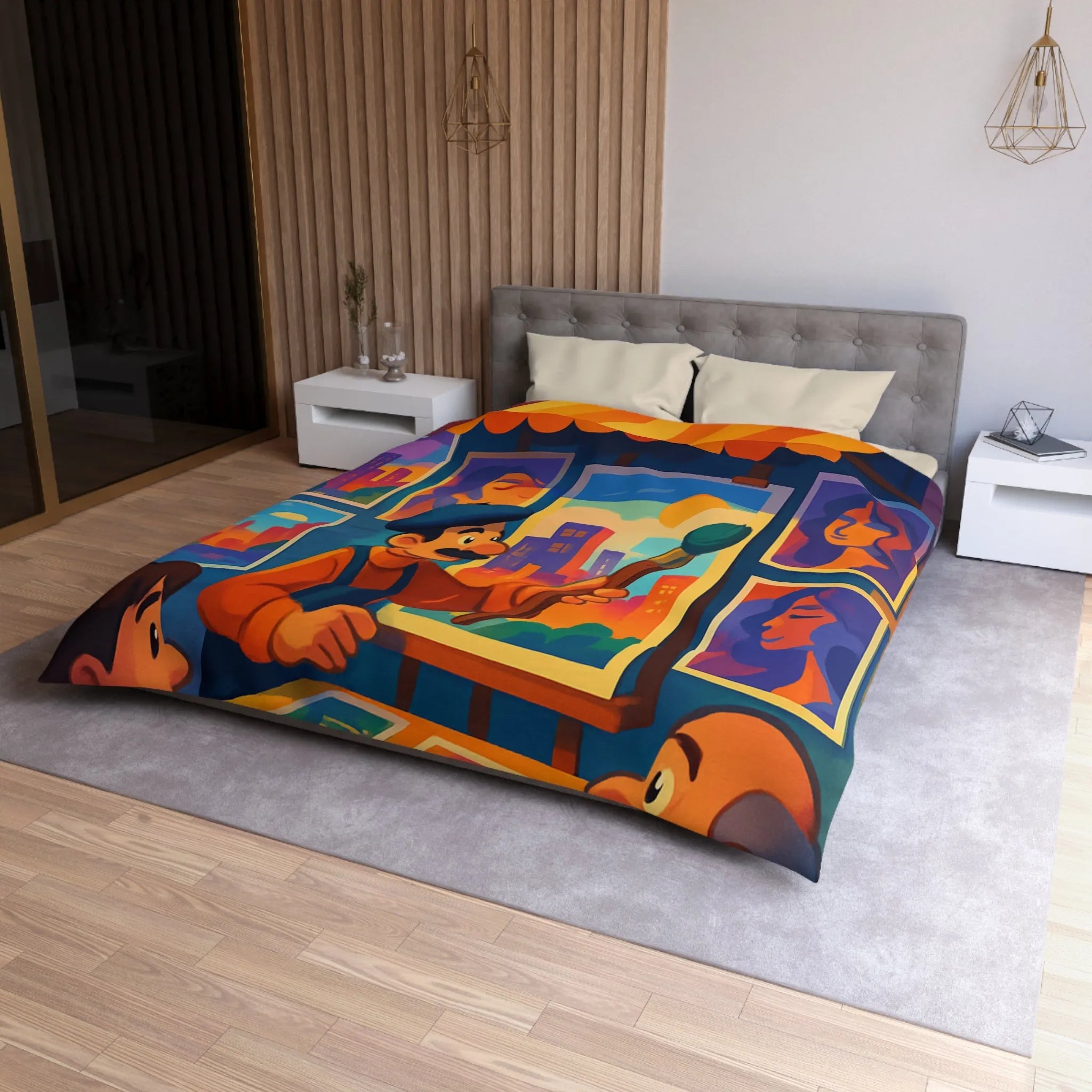 Housse de couette artistique avec scènes de rue vibrantes et peintures colorées