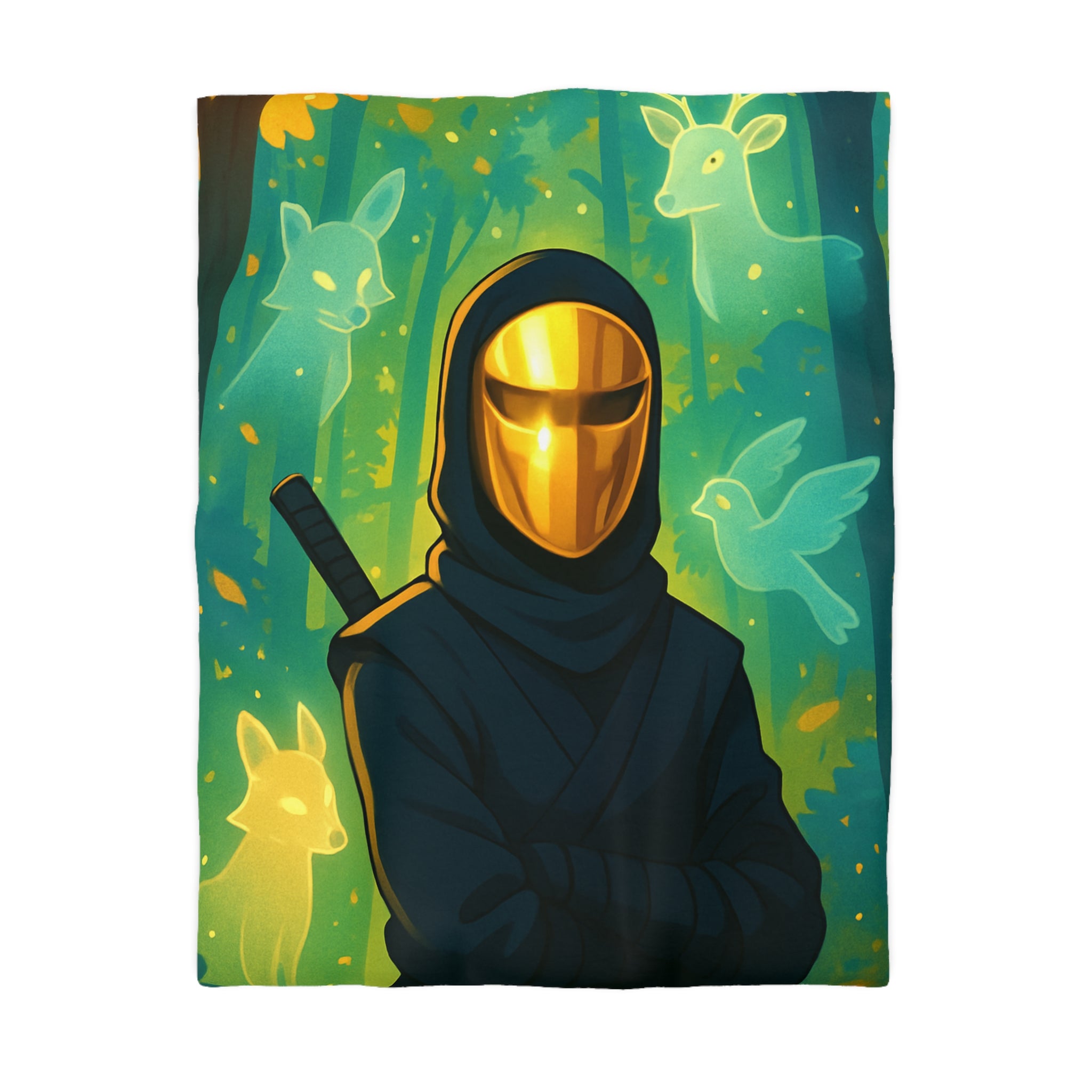 Housse de couette ninja doré avec animaux mystiques et forêts enchantées lumineuses