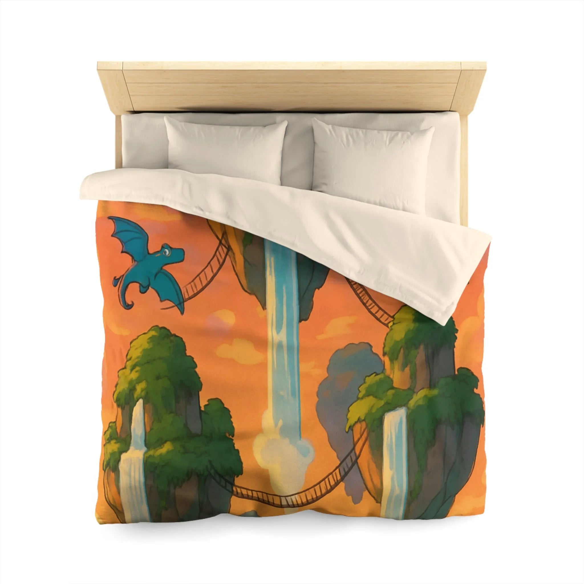 Housse de couette dragon colorée pour chambre d'enfant avec chutes et ciel magique