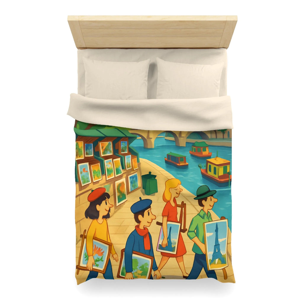 Housse de couette artistique thème parisien avec scènes de quai colorées et peintres joyeux