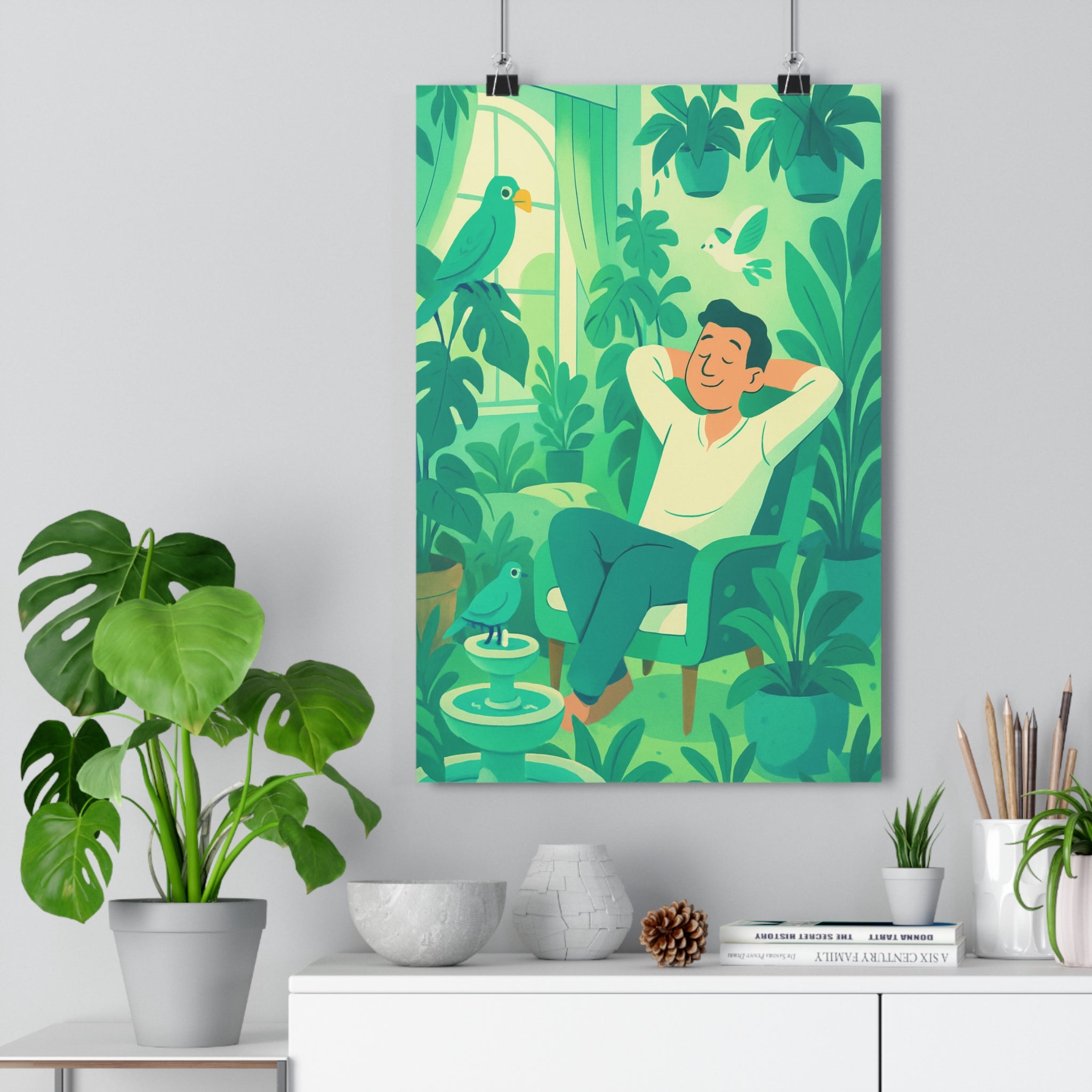 Poster décoratif botanique vert bleu cartoon relaxant salon chambre nature ambiance artistique qualité qualité