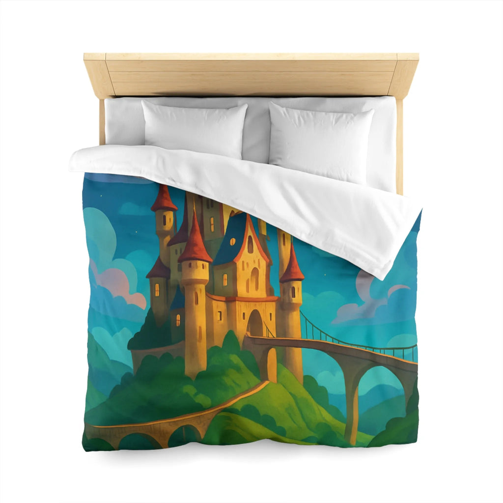 Housse de couette château féerique illuminé par la lune dans un paysage enchanteur nocturne
