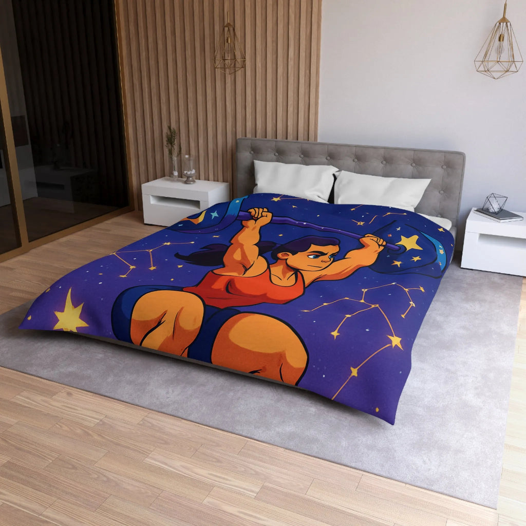 Housse de Couette Athlétique Femme Soulevant Poids Sous Ciel Étoilé et Constellations