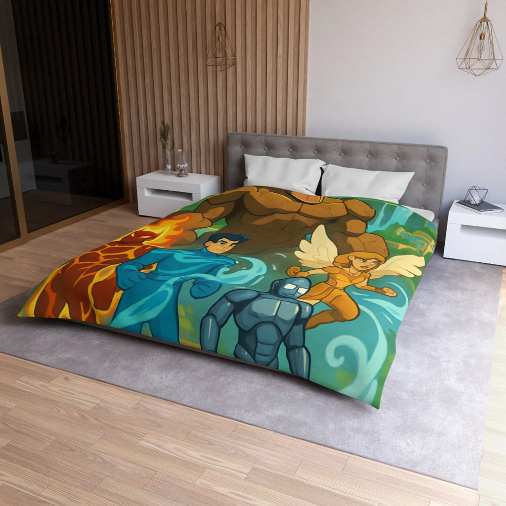 Housse de couette avec personnages héroïques et paysage fantastique inspirant enfant et adolescent