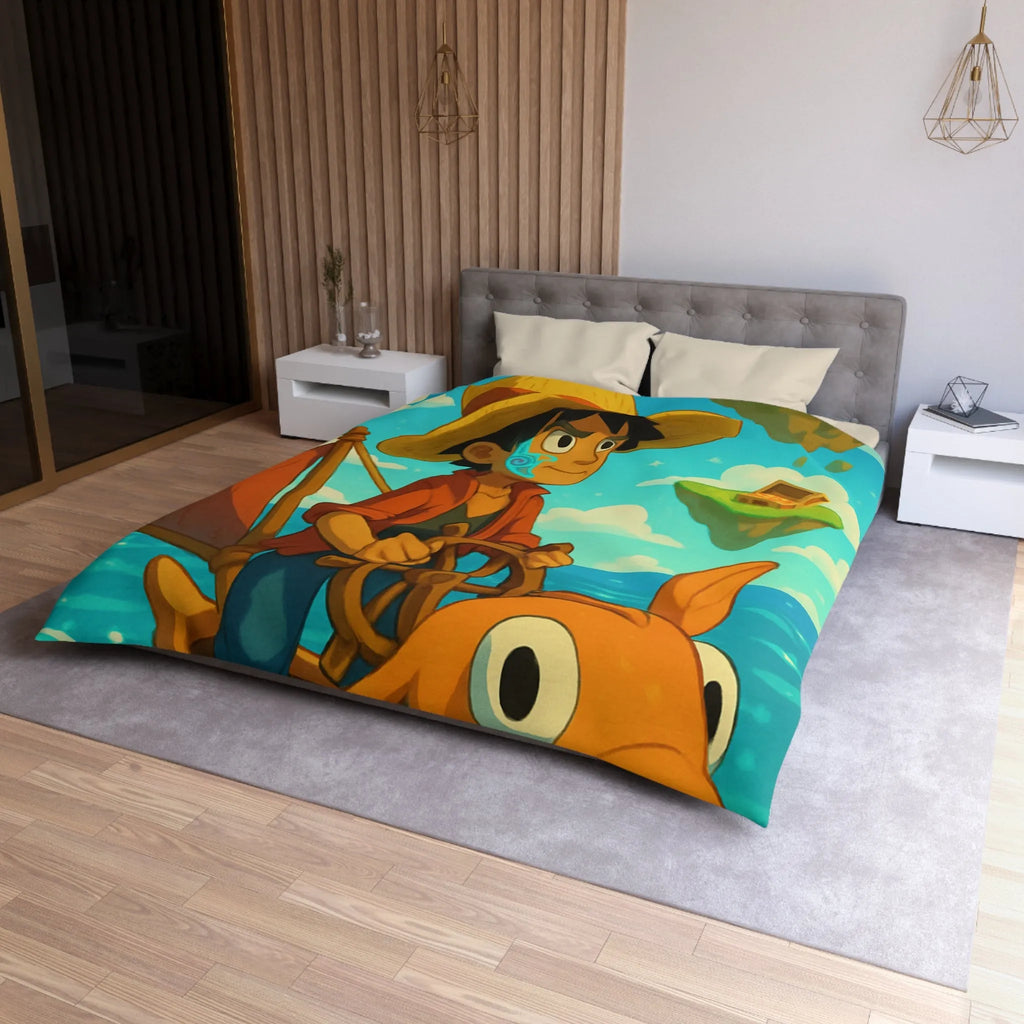 Housse de couette embarcation colorée sur océan turquoise avec îles flottantes et trésors