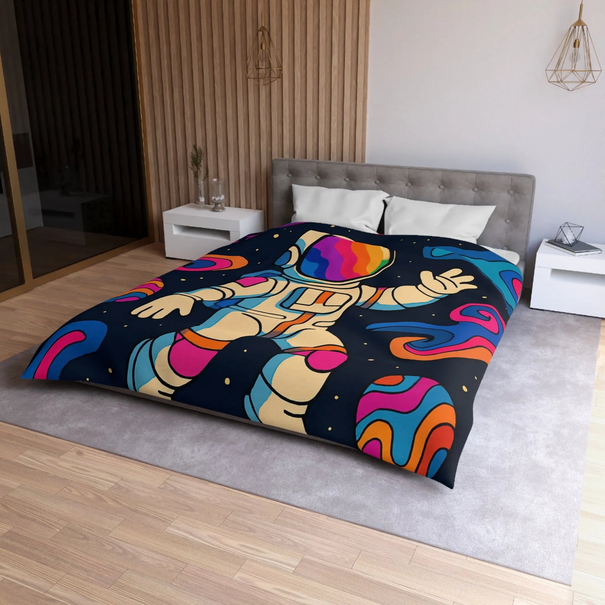 Housse de Couette Astronaute Psychédélique dans l’Espace avec Planètes Colorées et Fusées