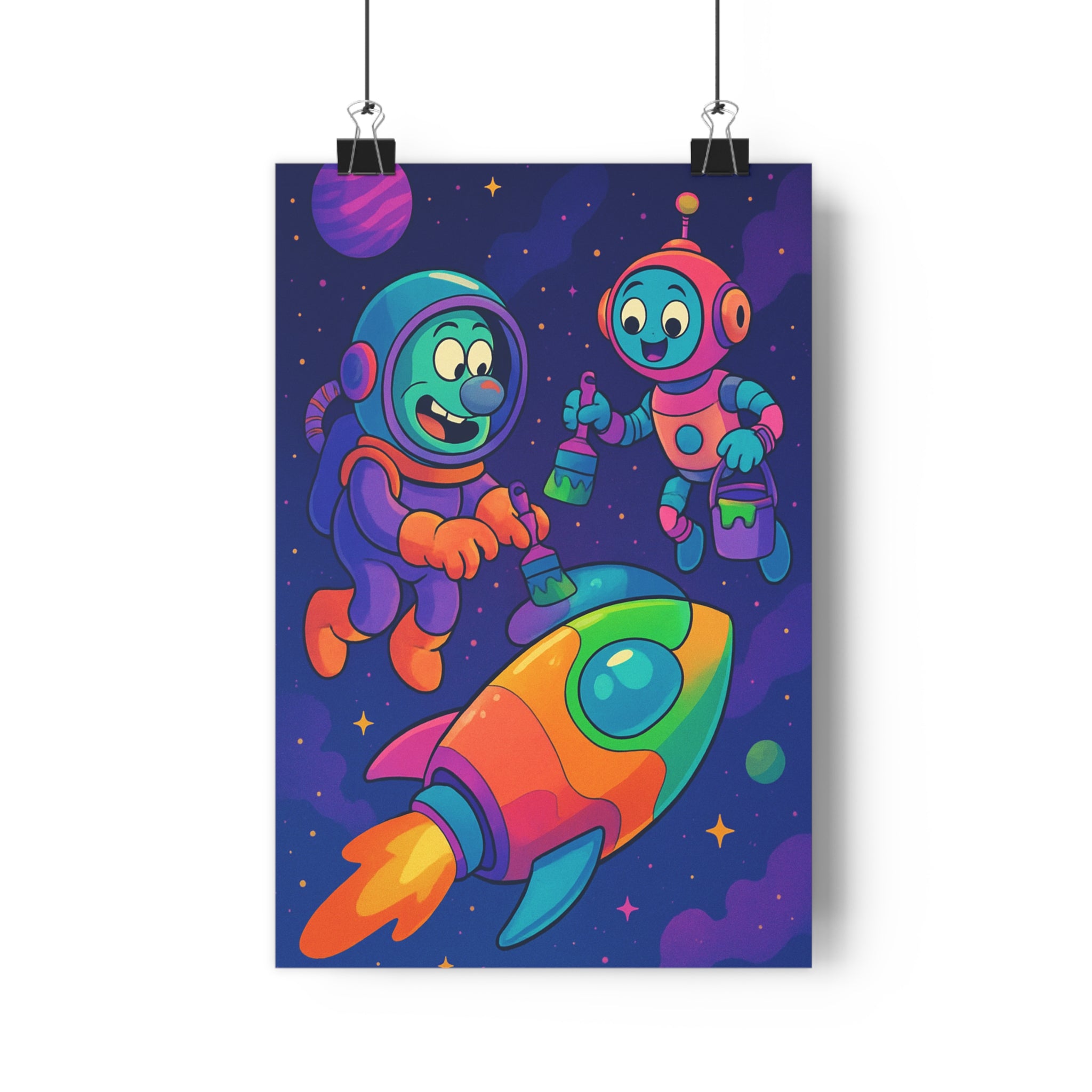 Poster décoratif cartoon galactique bleu vert orange joyeux enfant chambre créatif futuriste espace 30x46