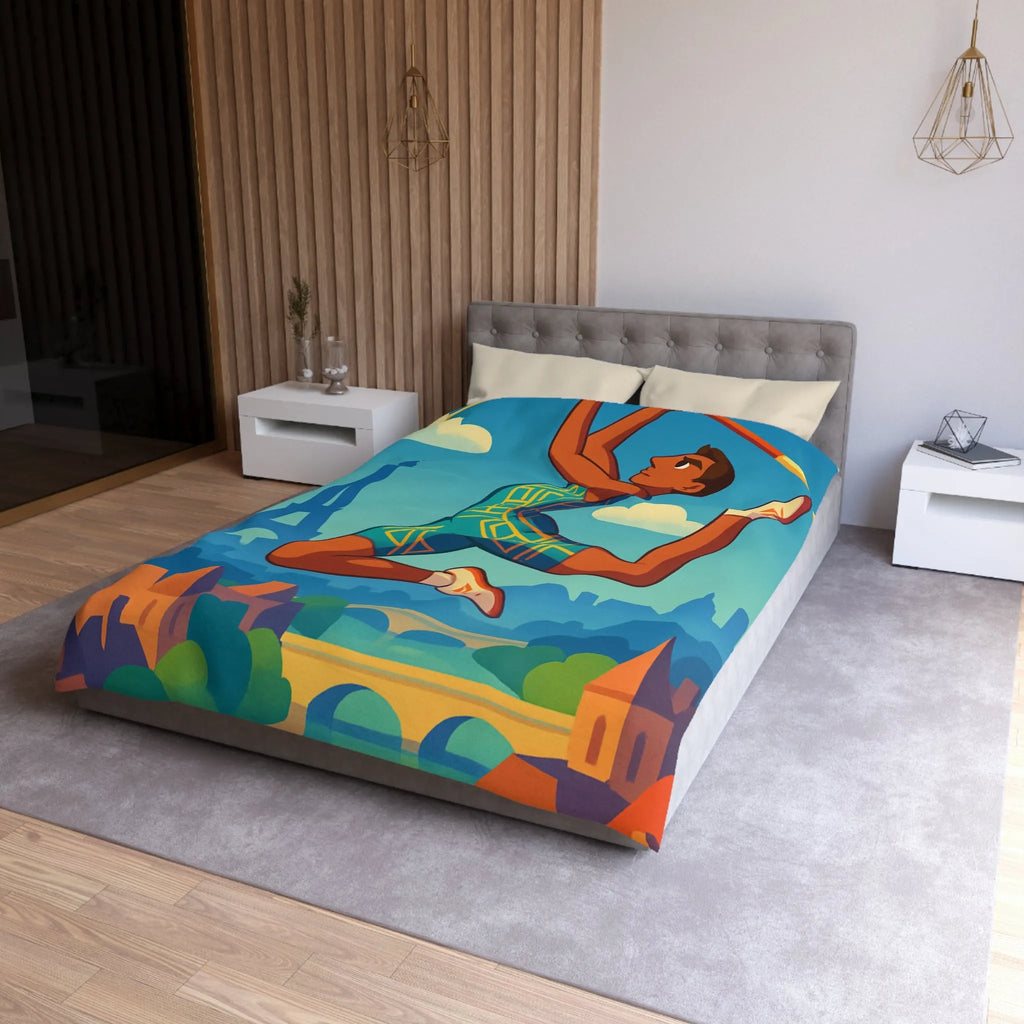 Housse de couette athlète sautant en ville avec ciel bleu et monuments célèbres