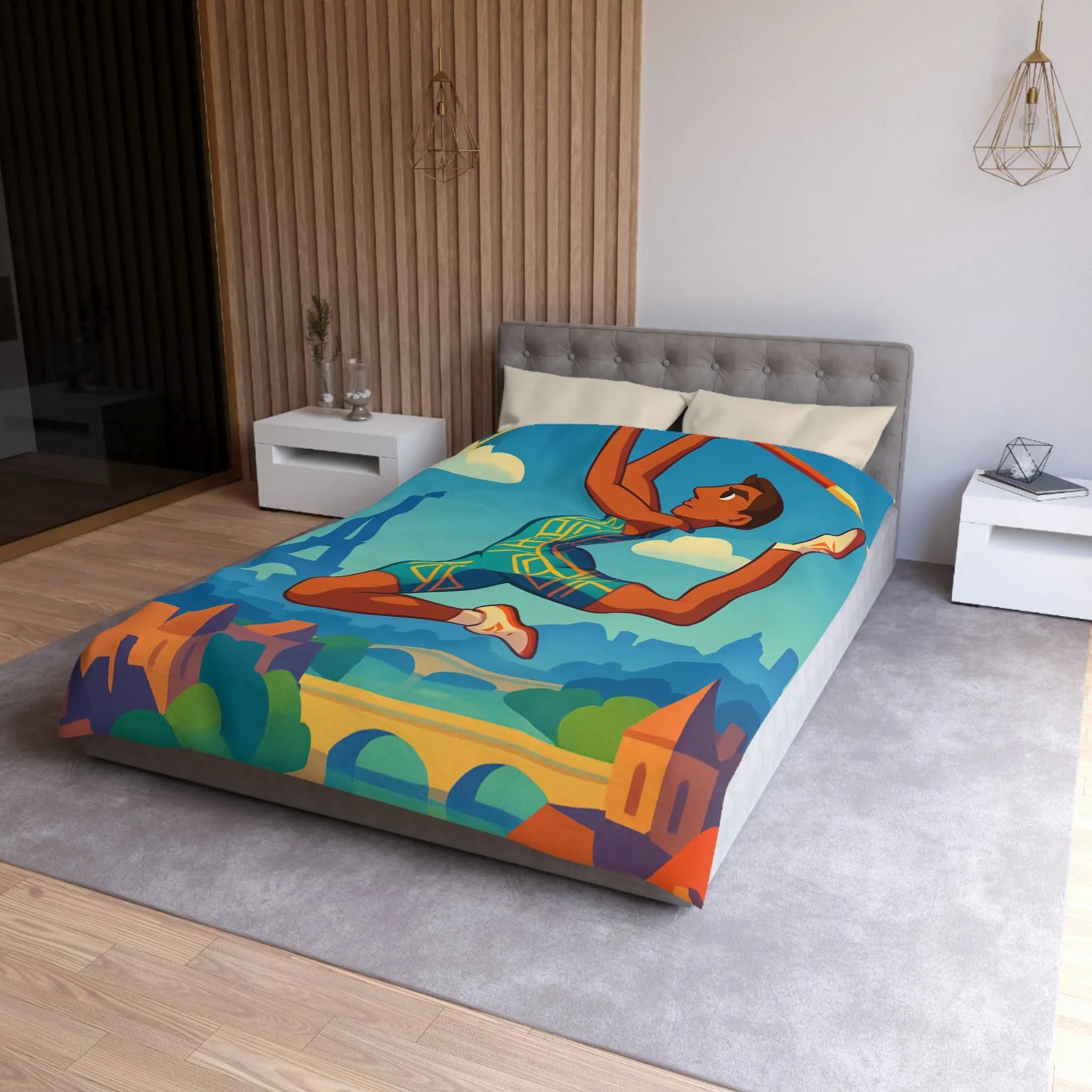 Housse de couette athlète sautant en ville avec ciel bleu et monuments célèbres