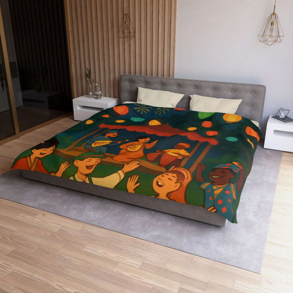 Housse de Couette Enfant Festive avec Lanternes Colorées et Scène de Musique en Plein Air