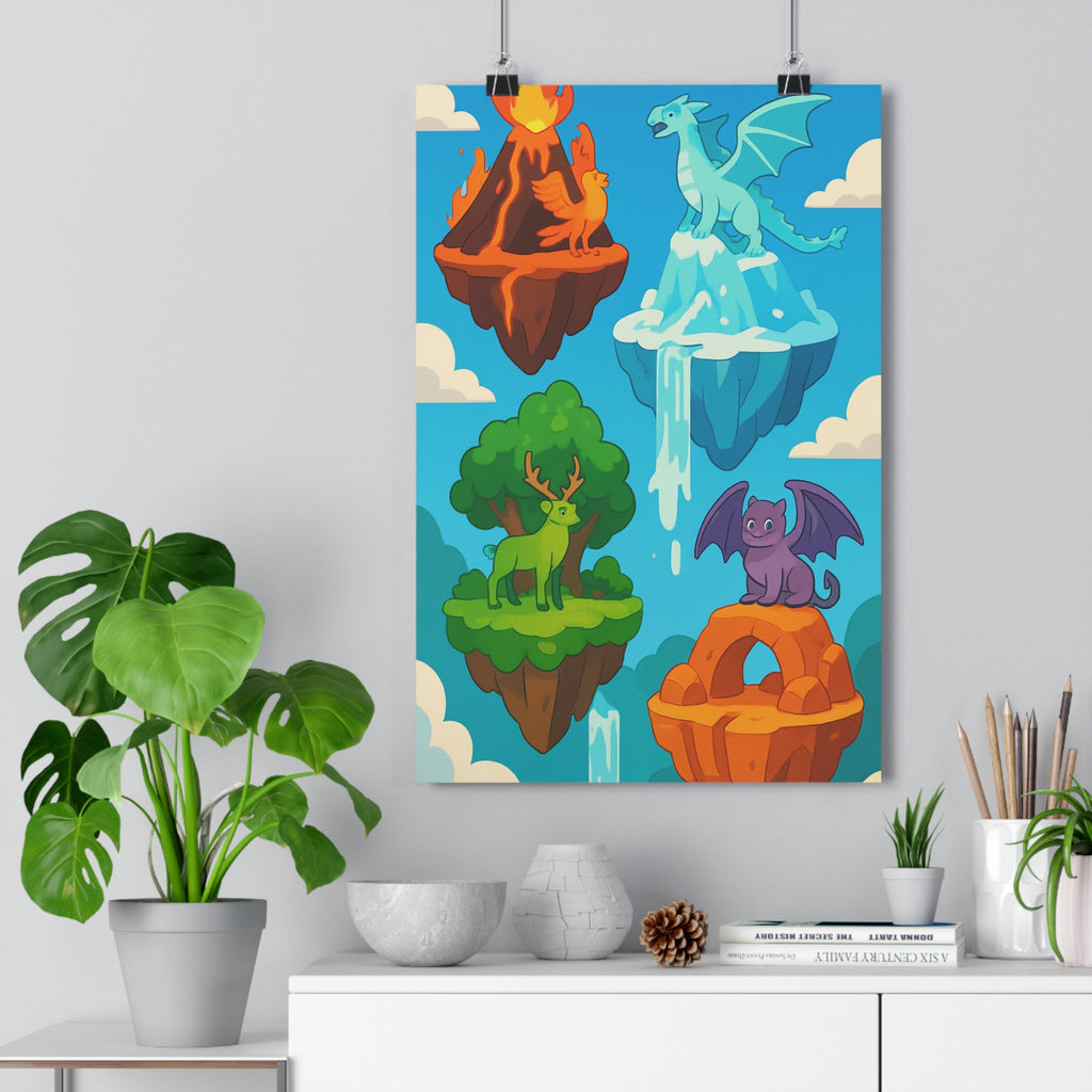 Poster décoratif cartoon magique coloré joyeux chambre salon aventure fantastique oiseau dragon cerf glacier