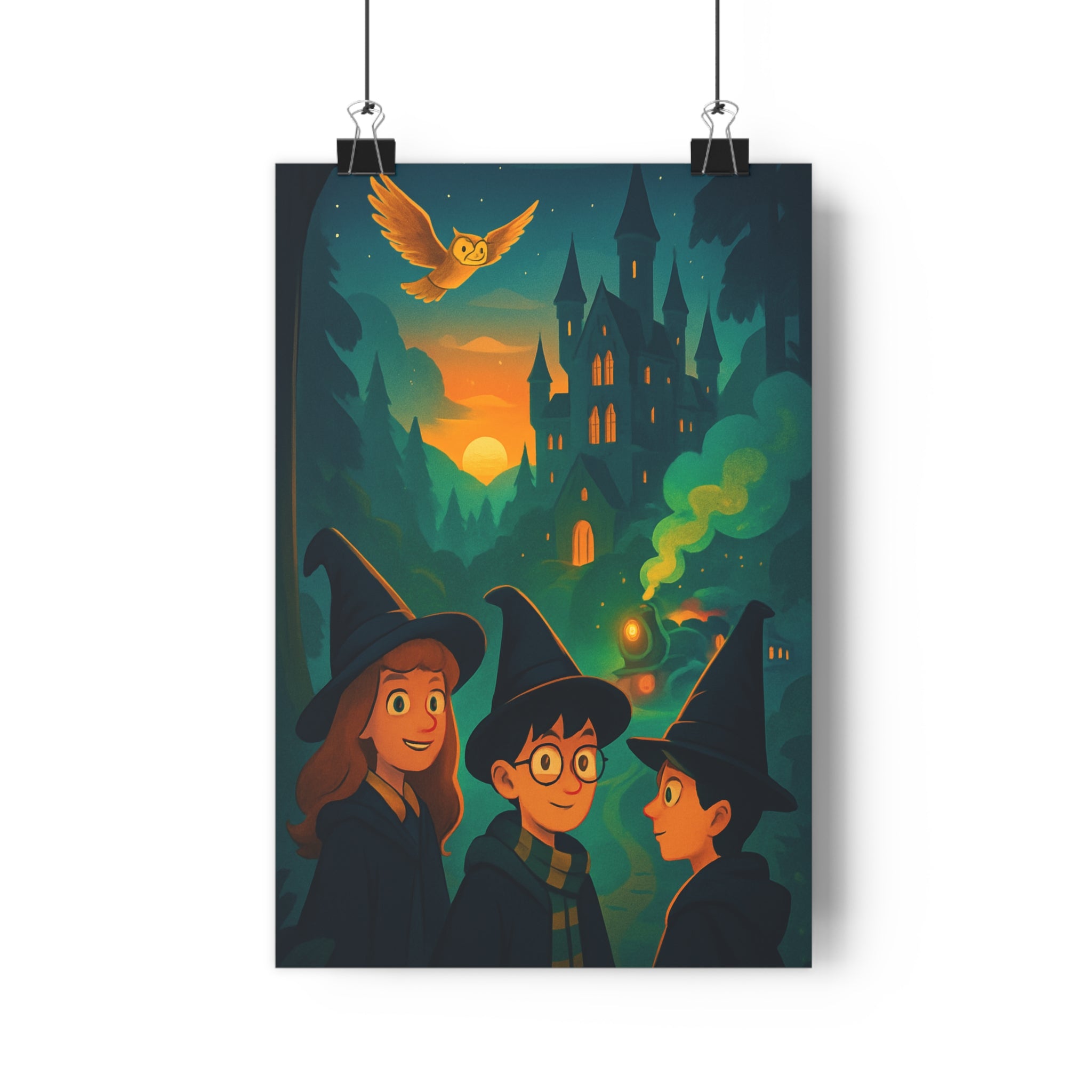 Poster décoratif magique sorcier château lune hibou enchanté cartoon couleurs vives chambre 30x46 cm