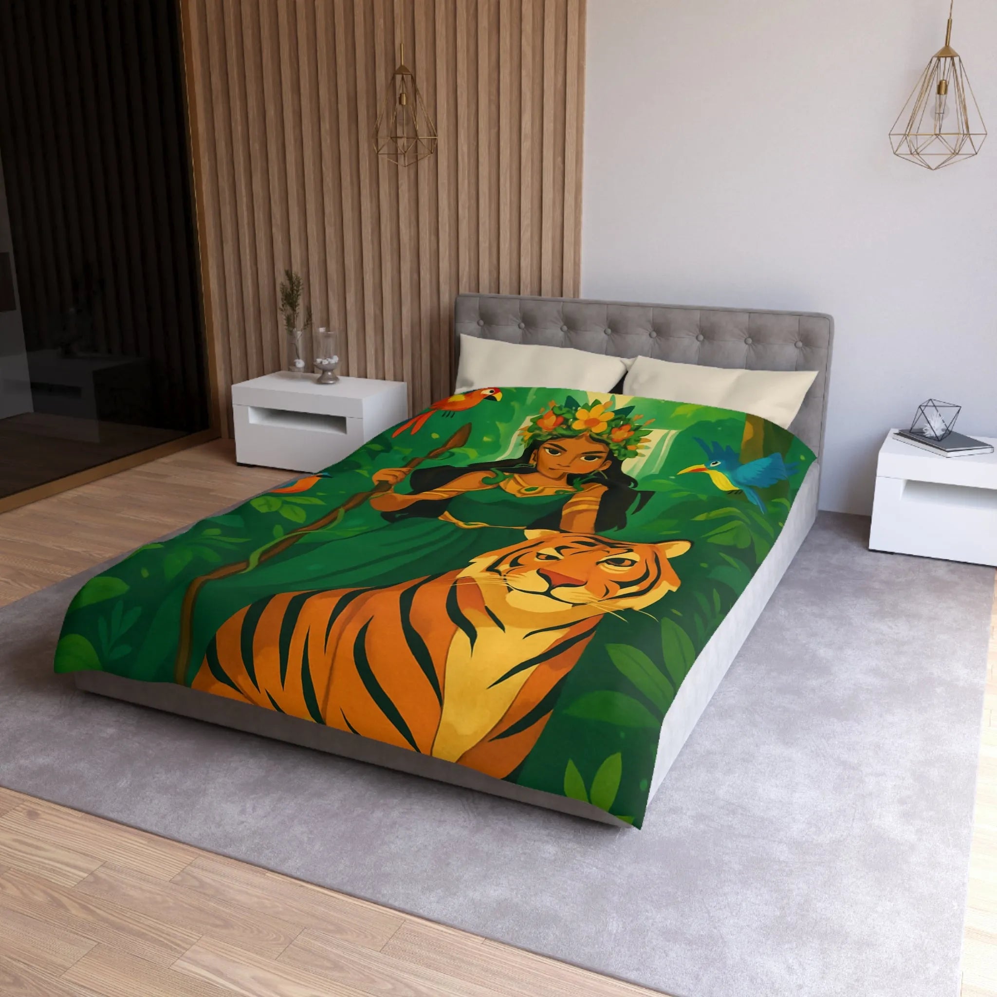 Housse de couette exotique avec tigre royal et gardienne mystique en forêt luxuriante