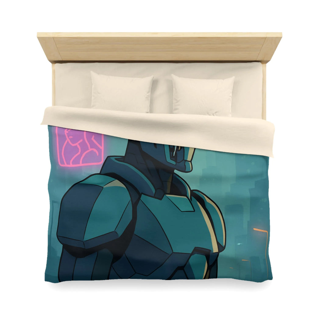 Futuristic Dystopian Cityscape with Neon Lights and Robotic Figure for Bedding Decor