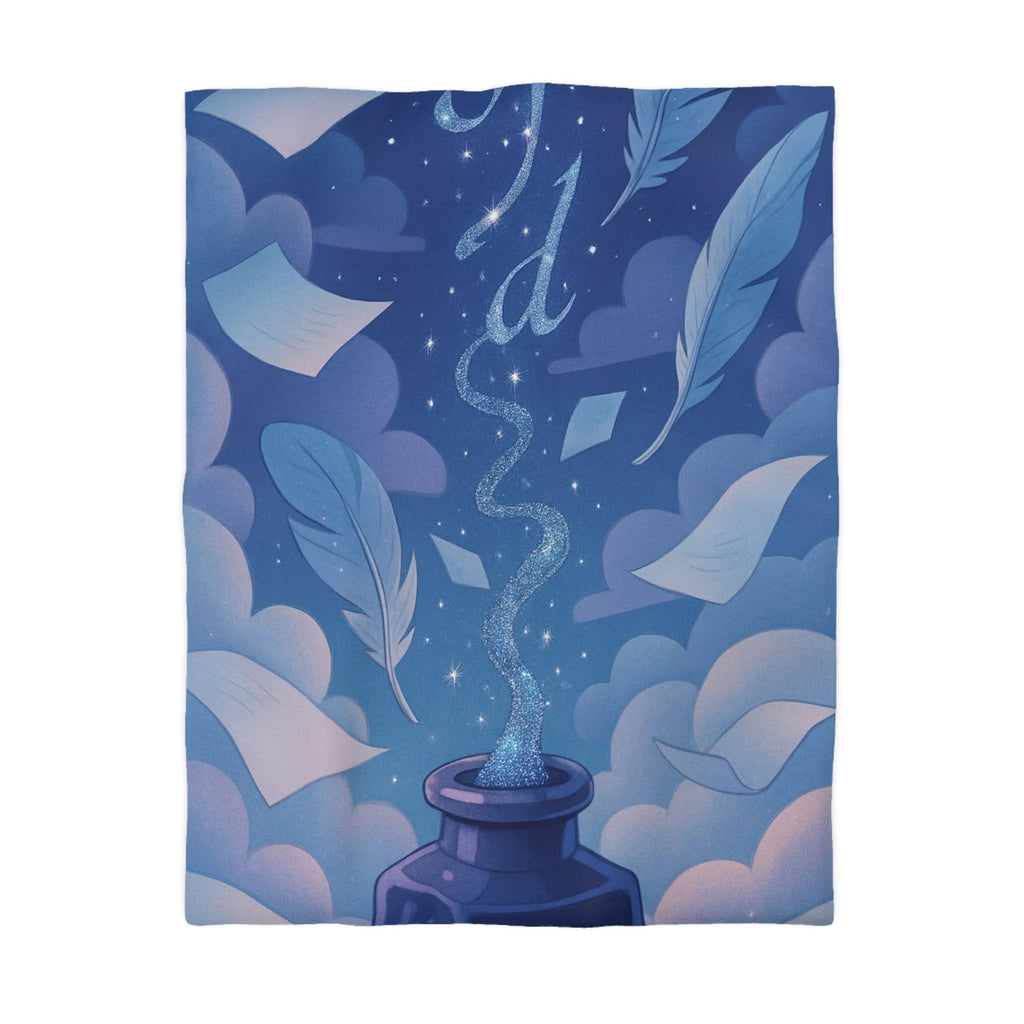 Housse de couette magique avec encre flottante, plumes et nuages rêveurs bleutés