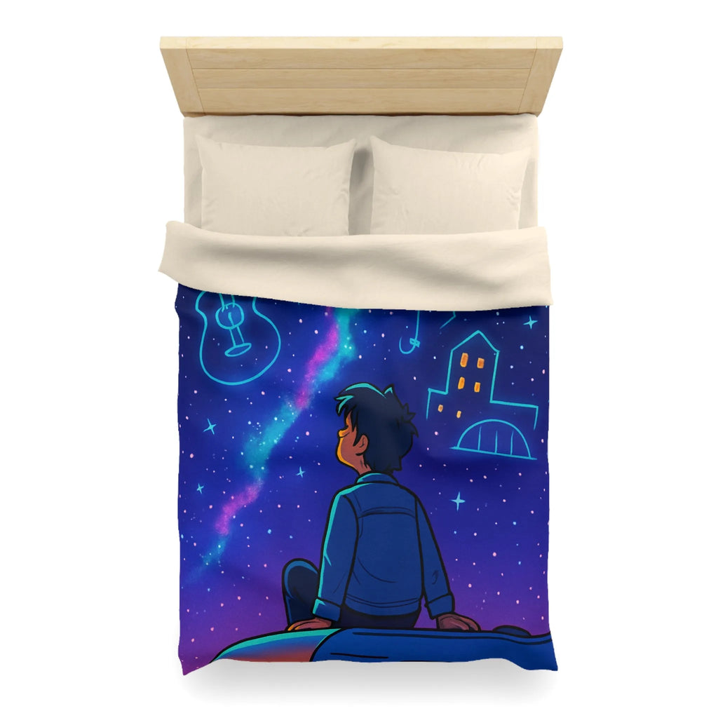 Housse de couette ciel étoilé avec rêveur contemplant silhouettes de musique et ville