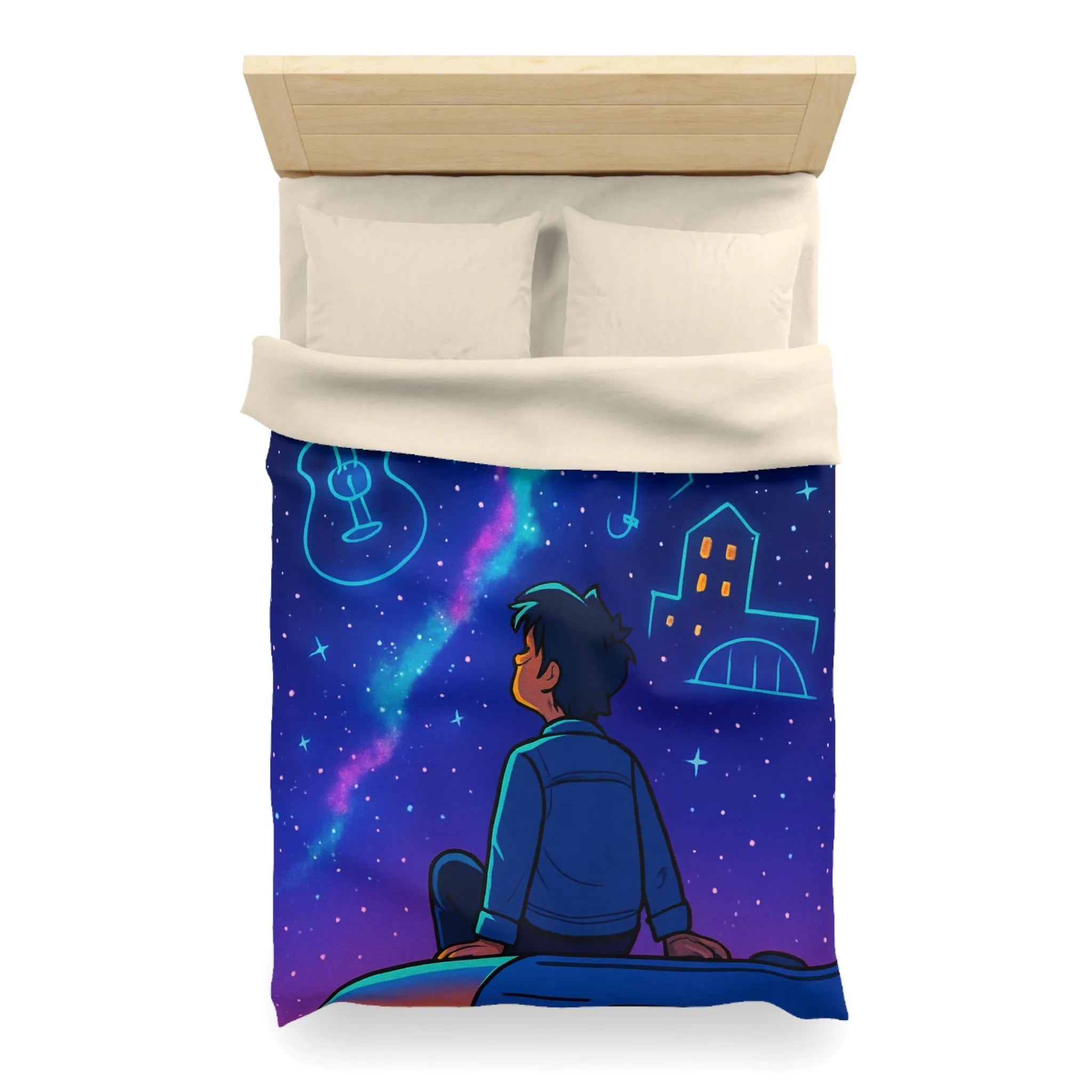 Housse de couette ciel étoilé avec rêveur contemplant silhouettes de musique et ville