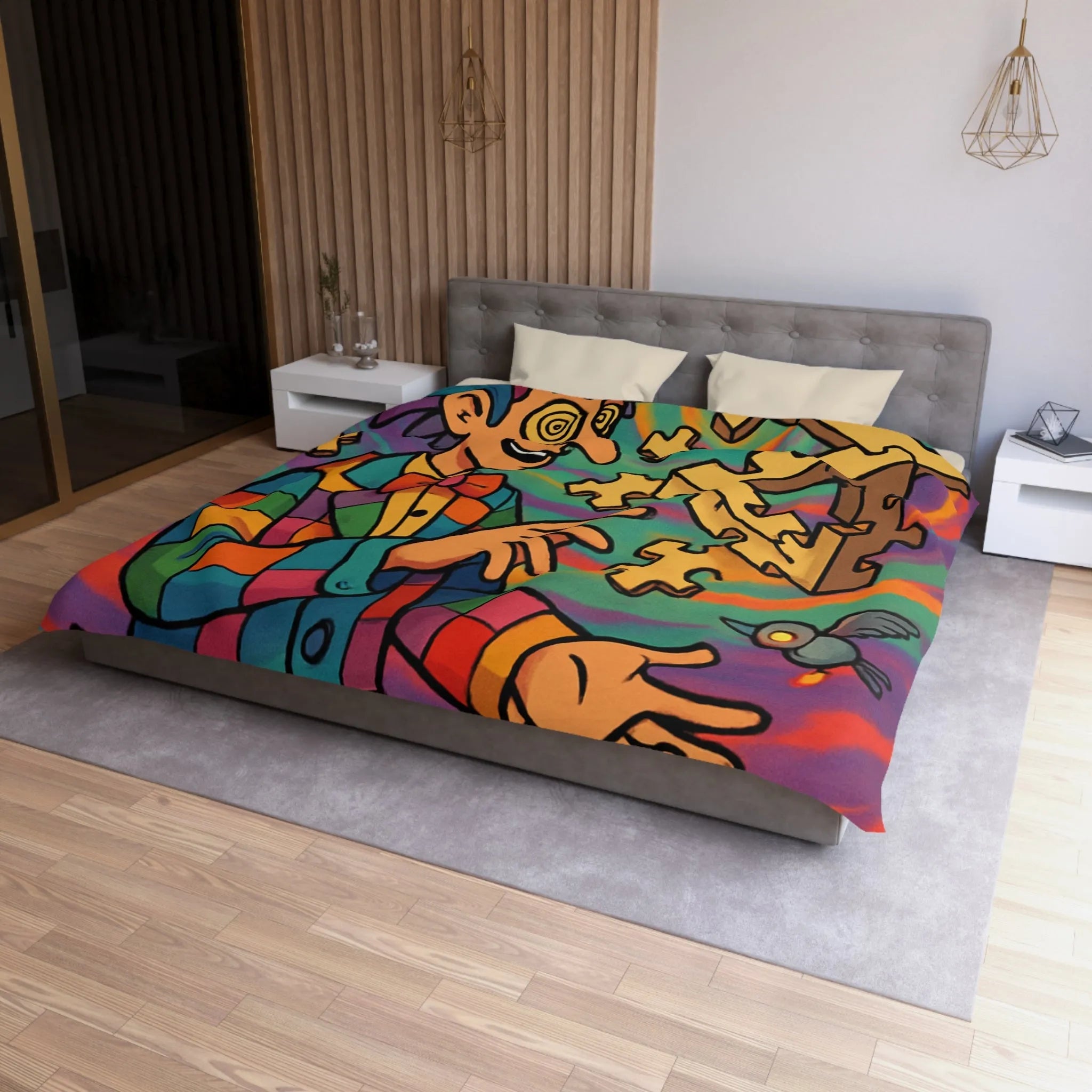 Housse de couette colorée avec illusion d'optique géométrique et motif de clown vibrant