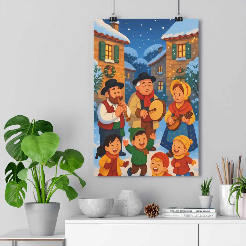 Poster décoratif cartoon joyeux village hiver couleurs chaudes maison enfant musique traditionnel ambiance intérieur